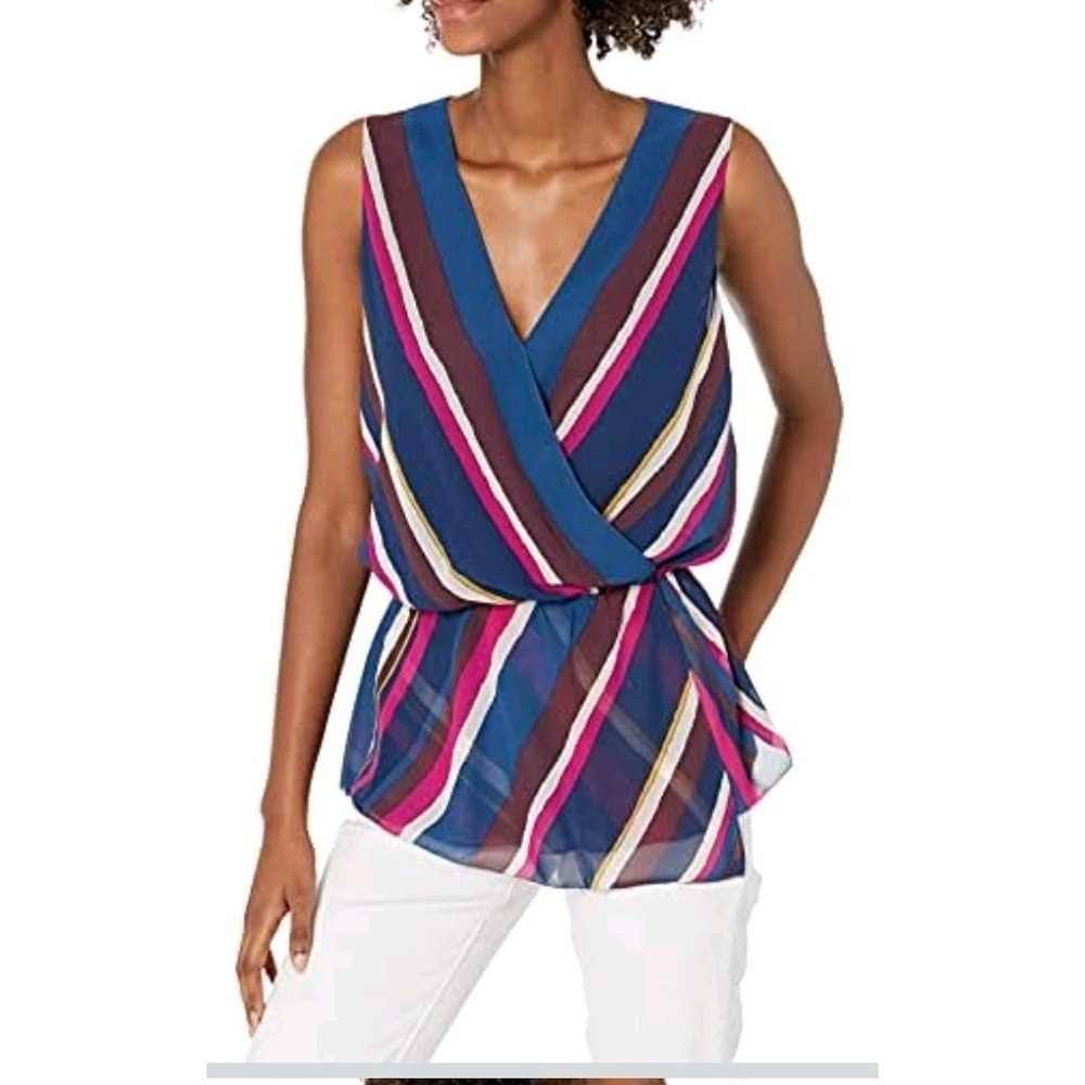NWT Trina Turk Stellar Top L Striped Peplum‎ Surplice Asymmetric Hem Blouse Chic